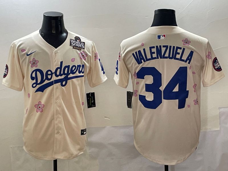 Men Los Angeles Dodgers 34 Valenzuela Cream White Blue Sakura Edition 2025 Nike MLB Jersey style 7